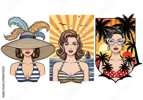 Retro Pop Art Summer Illustration Set: Vintage Women in Bikinis, Beach Vacation and Tropical Travel Concept Art