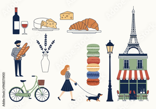 Paris Travel and French Culture Vector Illustration Set Featuring Eiffel Tower, Cafe, Baguette, Wine, Cheese, Macarons, and Lifestyle Elements