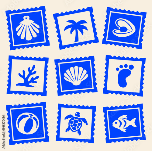 Set of Retro Tropical Beach Postcard Stamps, Vintage Ocean Vibes Print, Summer Travel Stamp, Vacation Postage Sticker Collection Vector Illustrations for T-Shirt, Scrapbook, Poster