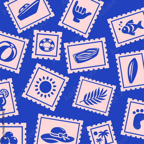 Vintage Tropical Beach Postage Stamp Seamless Pattern, Tropical Surf Vibes Postmark Tile Texture, Retro Summer Vacation Postal Stickers Tile Texture for Textile, Wallpaper, Wrapping, Banner,  Print