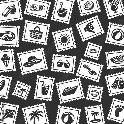 Retro Tropical Beach Postage Stamp Seamless Pattern, Tropical Coastal Vibes Repeat Background, Vintage Summer Vacation Postal Stickers Tile Texture for Textile, Wallpaper, Wrapping, Banner,  Print