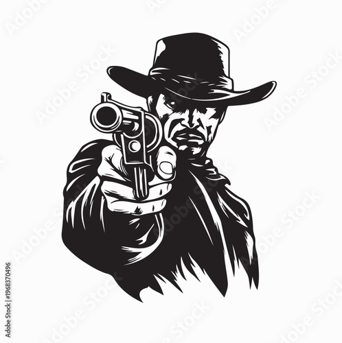 Classic Cowboy Silhouette with Pistol Front View Retro Western Graphic