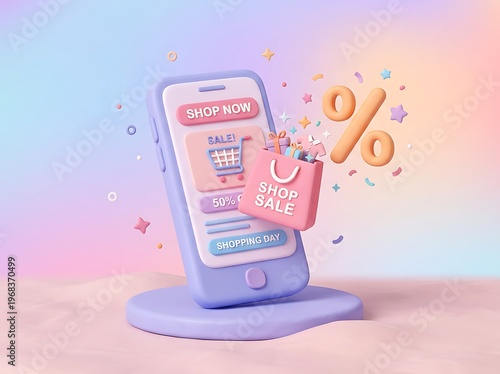 Smartphone with shopping app on screen and sale shopping bag  online shopping and discount concept