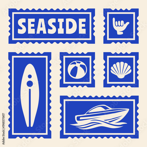 Set of Vintage Summer Ocean Postcard Stamp Elements, Vintage Beach Vibes Print, Tropical Travel Stamp, Vacation Postage Sticker Collection Vector Illustrations for T-Shirt, Scrapbook, Poster