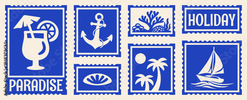 Retro Tropical Beach Postcard Stamp Elements Set, Vintage Summer Vibes Print, Coastal Travel Stamp, Vacation Postage Sticker Collection Vector Illustrations for T-Shirt, Scrapbook, Poster