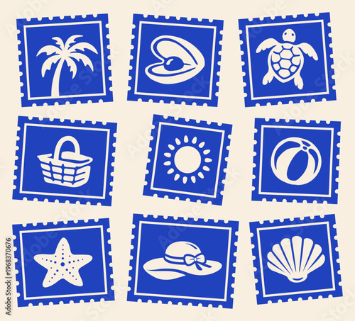 Set of Retro Tropical Beach Postcard Stamp Set, Retro Ocean Vibes Print, Summer Travel Stamp, Vacation Postage Sticker Collection Vector Illustrations for T-Shirt, Scrapbook, Poster