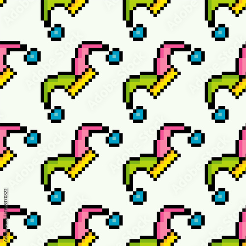 Seamless pattern with funny jester hat pixel art