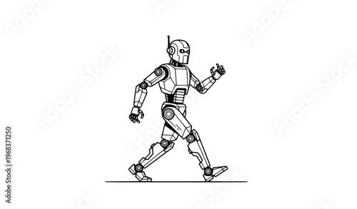 Walking robot outline character minimal black line art technology vector illustration