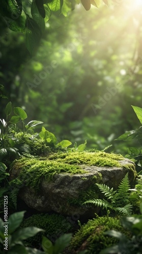 Natural mockup with stone platform and forest background for product display