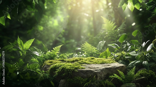 Natural mockup with stone platform and forest background for product display