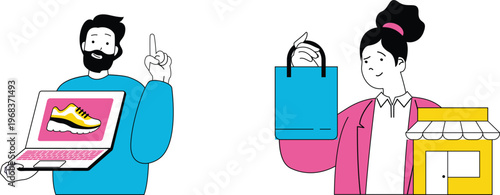 A man browsing shoes online while a woman carries a shopping bag from a physical store nearby