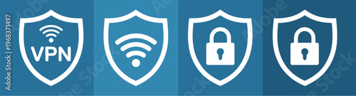 Cyber security shield icon set, modern vector icons featuring vpn wifi and lock elements for network security privacy protection encryption and safe online access design.