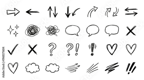 Expressive Hand-Drawn Doodle Icon Pack Arrows, Hearts, Speech Bubbles, and Essential Symbols for Creative Graphics and Artistic Projects