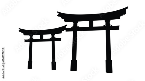 Two traditional japanese torii gates depicted in black silhouette