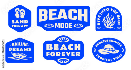 Retro Summer Surfboard Stickers , Patches, Badges Collection Vector Illustration, Vintage Coastal Beach Quote Label Graphics for T-Shirt Prints, Posters, Scrapbook, Tropical Designs