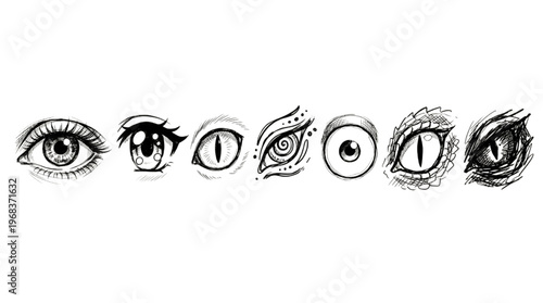 A captivating collection of hand-drawn eye illustrations, presenting a diverse range of styles from realistic human gazes to intriguing fantasy and creature eyes, perfect for creative design projects