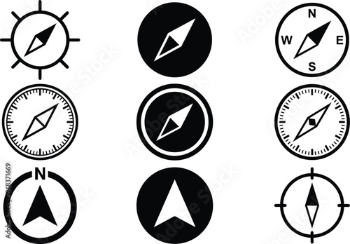 A set of vector compass icons in line art design for navigation and direction concepts