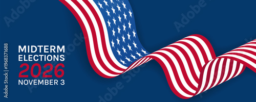 2026 United States Midterm Elections Banner with waving American flag. Blue background Vector Illustration