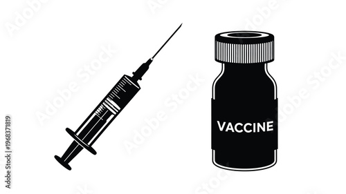 Medical syringe and vaccine bottle shown as a stark silhouette