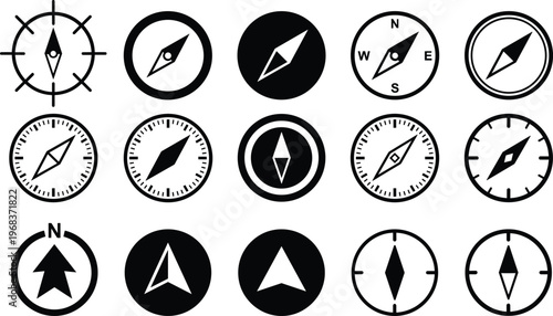 A set of black and white compass icons in various designs and silhouettes for navigation and direction concepts