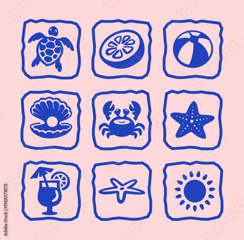 Retro Beach & Marine Life Icon Set Flat Vector Illustration, Tropical Summer Themed elements with Sea Turtle, Pearl, Crab, Starfish, Cock for T-Shirt Print, Poster, Coastal Design