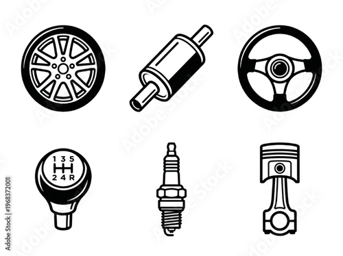 Collection of essential automotive components and vehicle spare parts depicted as black and white line art icons, representing common elements for car maintenance, repair, and transportation concepts