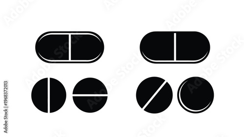 Black pills and tablets displayed in a simple graphic silhouette
