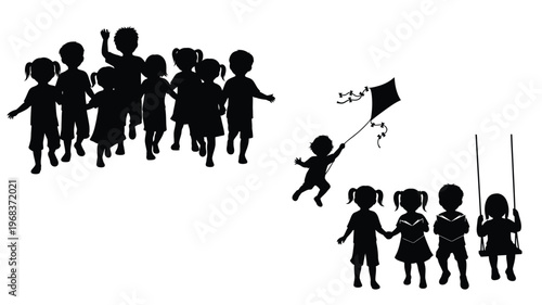 Children playing running and swinging with a kite black silhouette