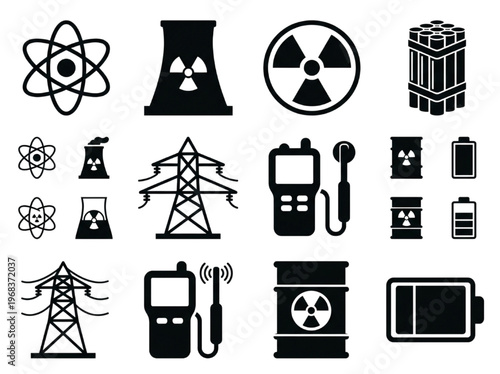 Diverse vector icon collection depicting nuclear energy generation, power transmission, radiation safety symbols, and essential industrial communication devices