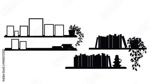 Minimalist bookshelf arrangement with plants displayed as a silhouette