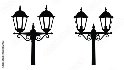 Four ornate street lamps depicted in a striking black silhouette