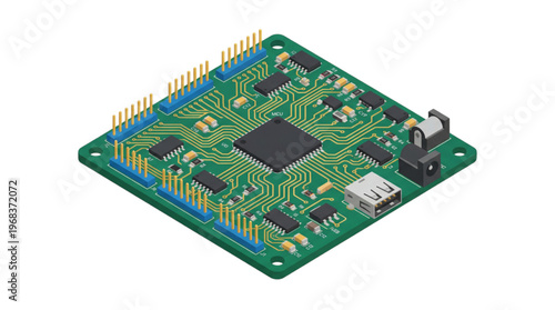 3D isometric view of a complex electronic circuit board with integrated chips and connectors, representing technology and innovation