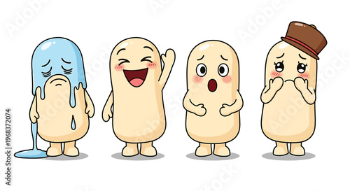 Diverse emotional range illustrated by cute cartoon characters sadness, joy, surprise, and shyness. Expressive figures for various human feelings and moods