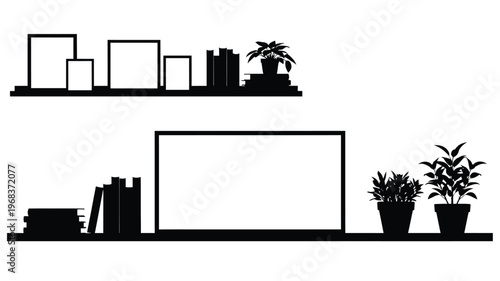 Minimalist bookshelf and plants displayed as a dark silhouette