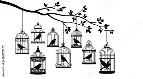 Hanging birdcages with birds on branches a striking silhouette