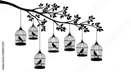 Hanging birdcages with birds on a branch a striking silhouette