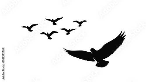 A flock of birds in flight with a leading bird silhouette