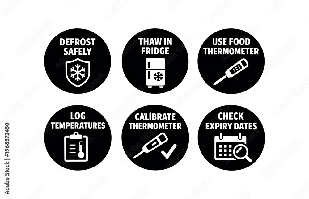 Fototapeta premium Food temperature and storage icon set. defrost safely, thaw in fridge, use food thermometer, log temperatures, calibrate thermometer, check expiry dates. line and flat vector icon set.
