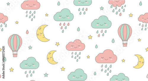 Whimsical pattern featuring colorful clouds raindrops hot air balloons and crescent moons