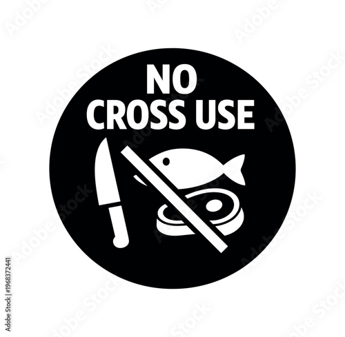 No cross use icon. knife and fish, no cross-contamination, separate utensils, allergen control, food processing. hygiene, safe handling, cleaning procedures. 