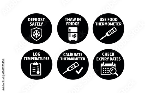Food temperature and storage icon set. defrost safely, thaw in fridge, use food thermometer, log temperatures, calibrate thermometer, check expiry dates. line and flat vector icon set.