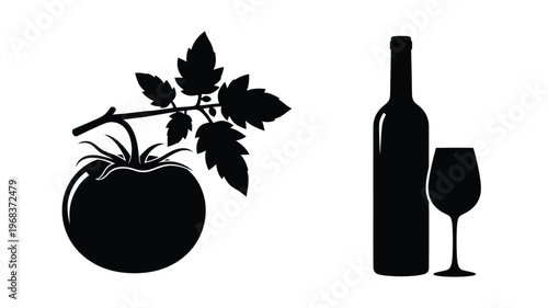 Still life with wine tomato and foliage in black silhouette