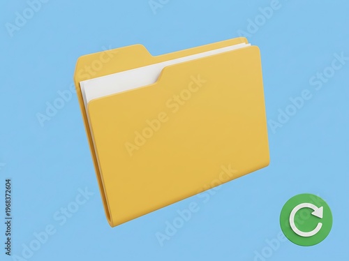 Yellow file folder with refresh icon on blue background  office supplies and data management concept