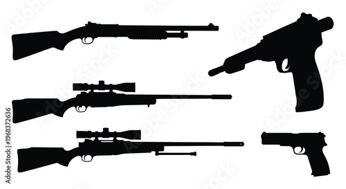 Black silhouettes of various firearms including rifles and handguns silhouette
