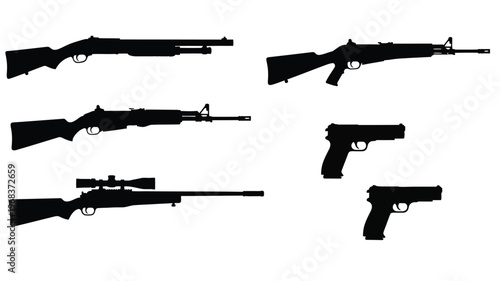 Variety of firearms displayed in a stark black silhouette