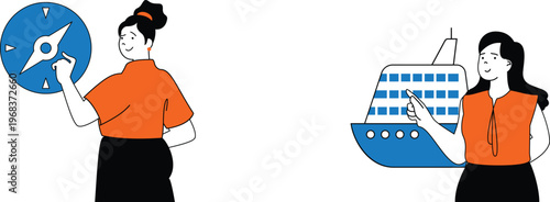 Two women planning a voyage, one checking a compass while the other points at a cruise ship drawing