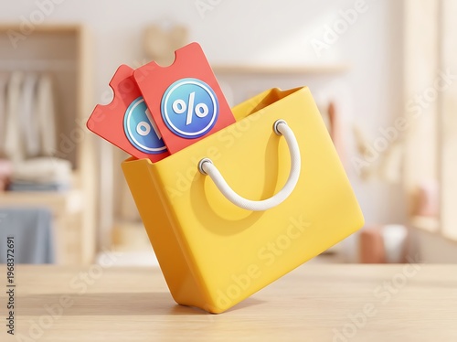 Yellow shopping bag with white handles and discount coupons on a wooden table in a blurred background  shopping concept with yellow bag and discount coupons