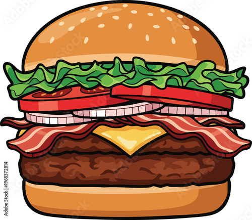 Delicious Cartoon Bacon Cheeseburger with Fresh Toppings and Sesame Seed Bun.