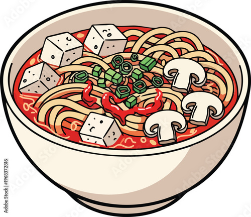 Delicious Bowl of Spicy Ramen with Tofu and Mushrooms.
