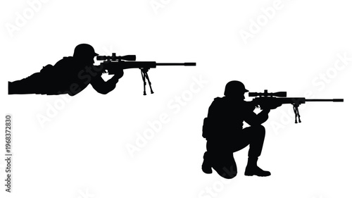 Two soldiers aiming rifles in a stark black silhouette
